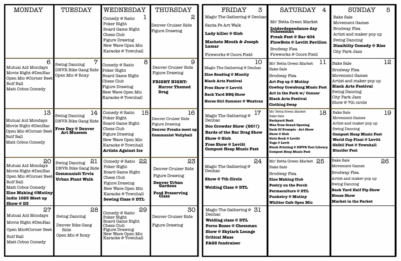 The full month laid out as a grid, every square packed with events.