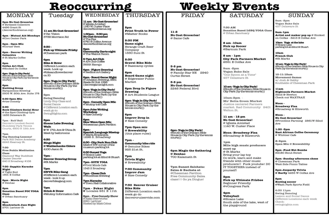 Two pages listing the events that happen every week, laid out Monday through Sunday.